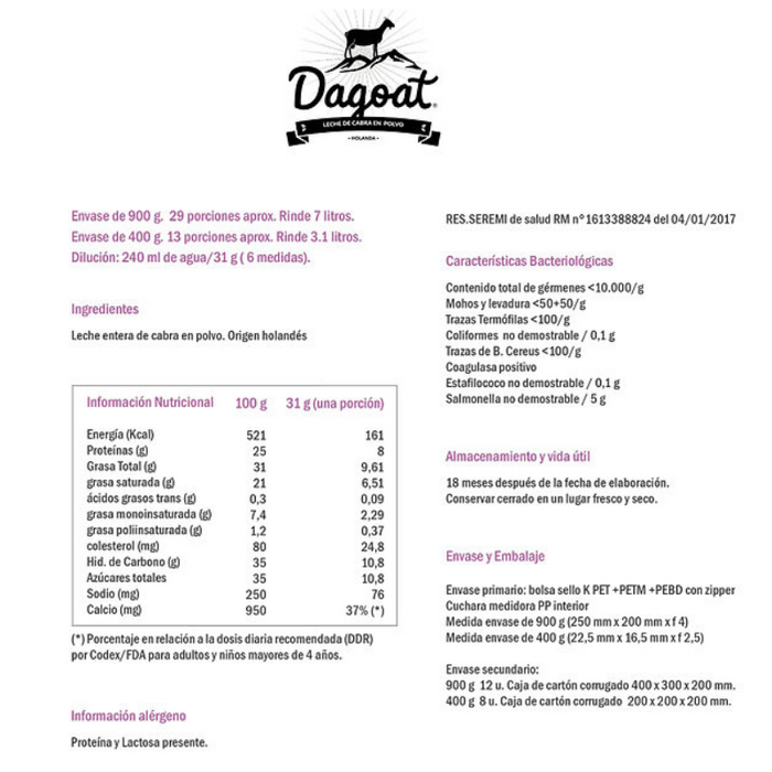 Leche de cabra entera - Dagoat -  2 unidades de 900grs
