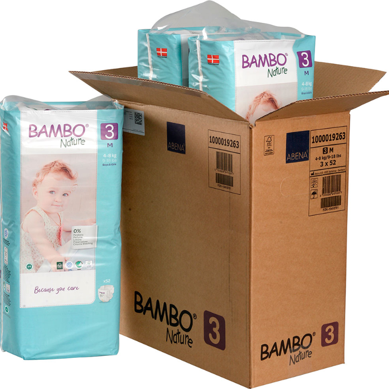 Caja Pañal Ecológico Bambo Nature Bebé 3 Paquete Alto, Talla M, 4-8 Kg (156 Unid)
