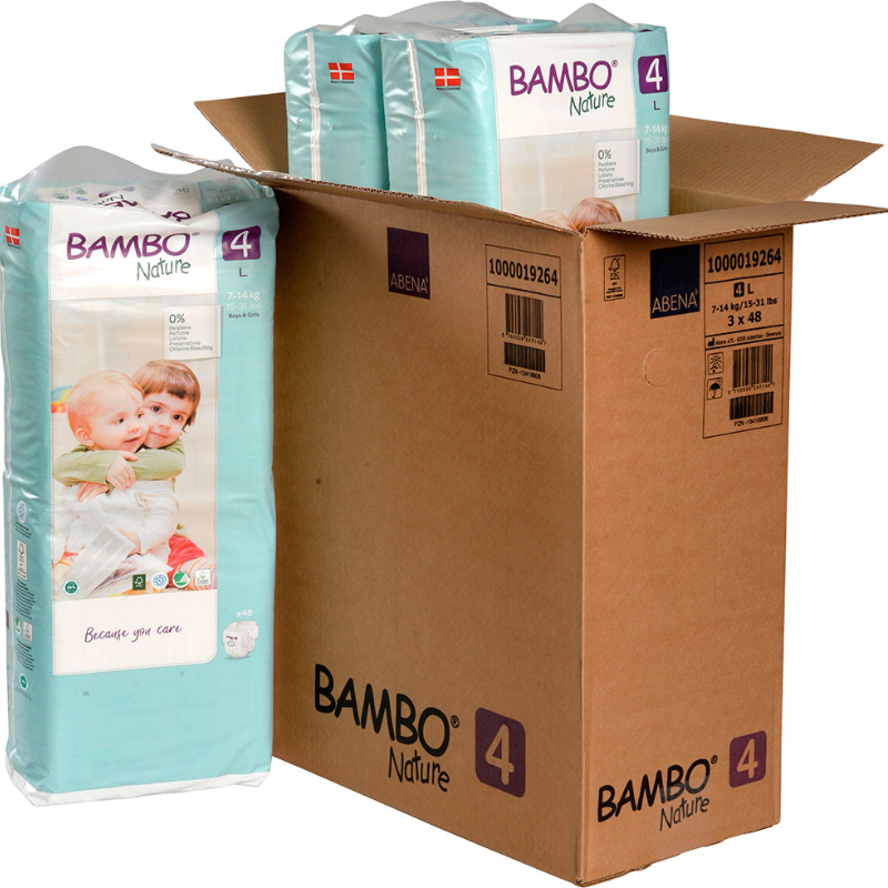 Caja Pañal Ecológico Bambo Nature Bebé 4 Paquete Alto, Talla L, 7-14 Kg (144 Unid)