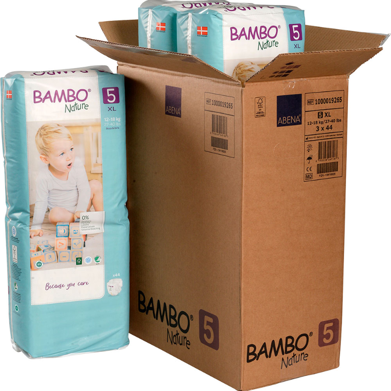 Caja Pañal Ecológico Bambo Nature Bebé 5 Paquete Alto, Talla XL, 12-18 Kg (132 Unid)