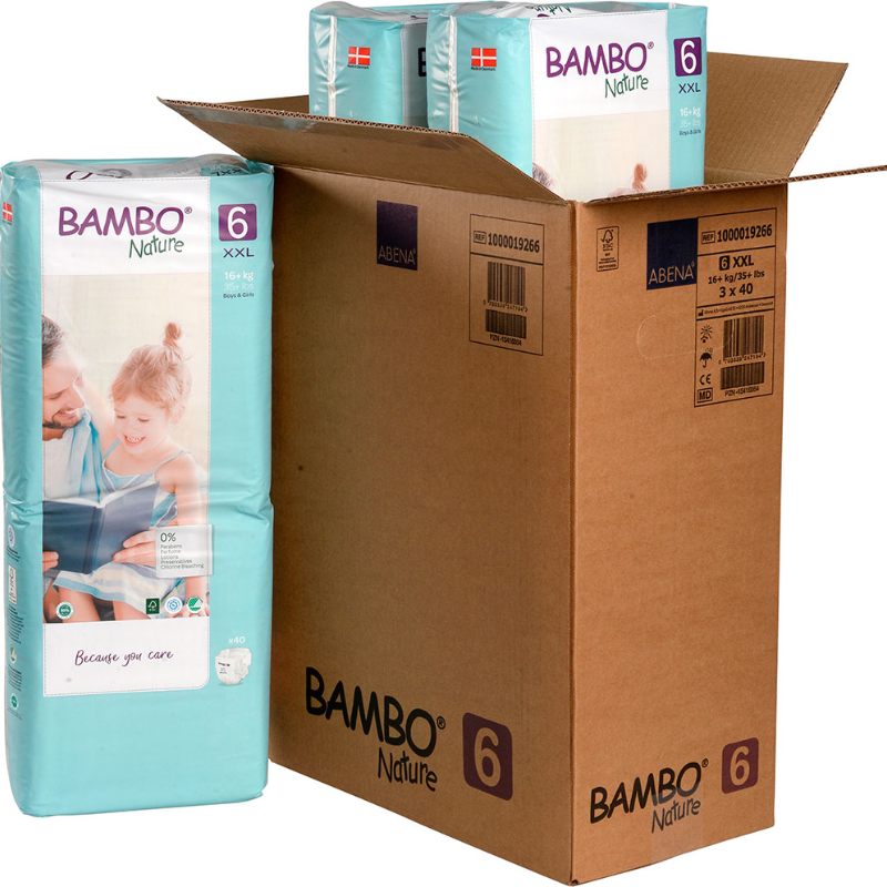 Caja Pañal Ecológico Bambo Nature Bebé 6 Paquete Alto, Talla XXL, 16+ Kg (120 Unid)