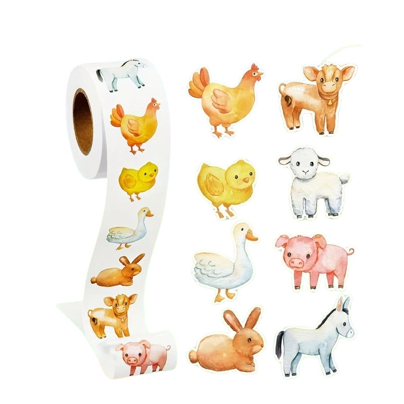 Rollo Sticker Animales de la Granja x 500 Unidades