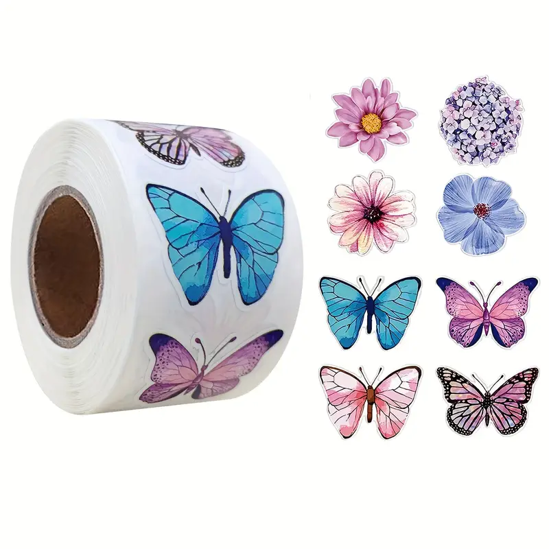 Rollo Sticker Mariposas y Flores x 500 Unidades